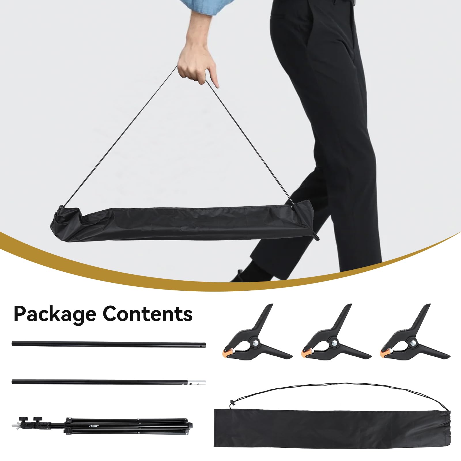 UTEBIT Supporto per Sfondo per Fotografia 1,50 x 2 Metri, Supporto per Fondale con 3 Morsetti a Molla, Professional Sistema di Fondale per Studio Fotografico, Live Streaming, Video, Ritratti