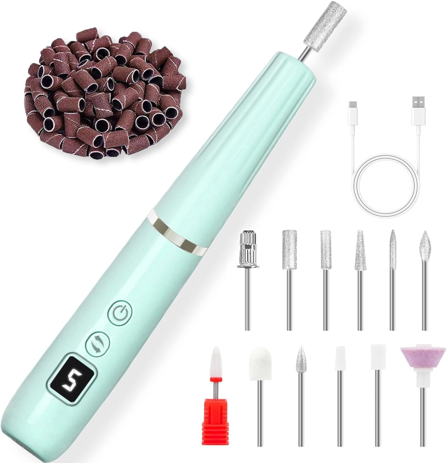 AOMEES Electric Nail Filer, Cordless Portable Nail Drill Kit for Acrylic, Gel Nails, Portable Home Manicure Kit for Manicure and Pedicure (Green)