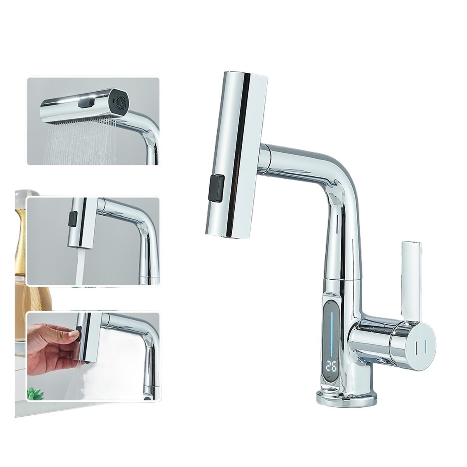 Jvddi Chrome Temperature Digital Display Basin Faucet For Bathroom Pull Out Waterfall Stream 3 Way Sprayer(Chrome)