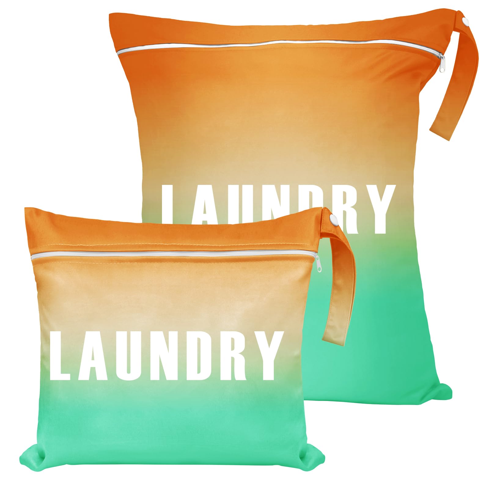 2 Pcs Travel Laundry Bags (Large 55x45cm & Small 40x31cm) - Waterproof Washing Bags for Laundry with Double Zippers, Dirty Clothes Bags with Handle for Travel, Gym, Camping (Orange-Green Gradient)