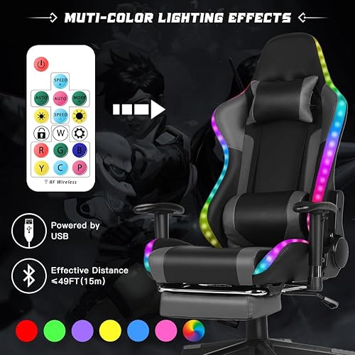 Miniatura 3 de YOUTHUP Silla de juegos con altavoces, silla de videojuegos con luces LED RGB, reposapiés, silla reclinable ergonómica para computadora de carreras,