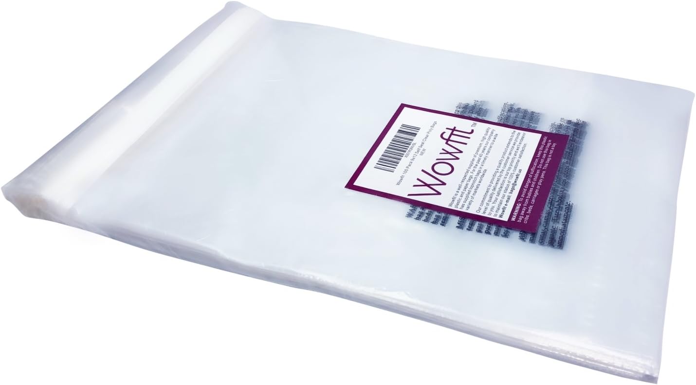 Wowfit 100 CT 9x12 inches Self Sealing Clear Poly Bags with Suffocation Warning, Strong Adhesive, Not Resealable, 100 Count, FBA compliant (9 x 12 inches) : Office Products