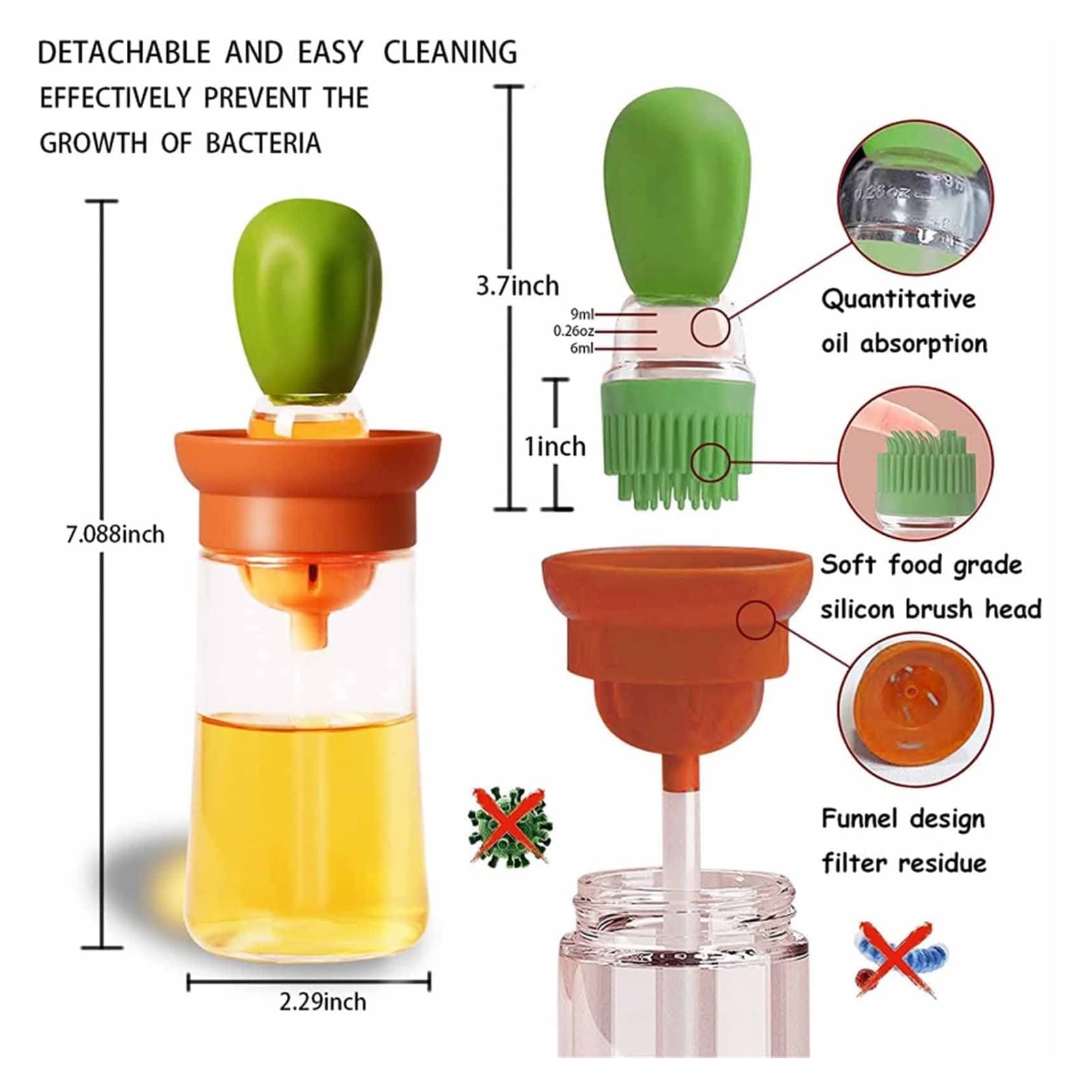 Set 2 Dosatori Olio In Silicone Con Spazzola A Testa D’anatra – Resistente A 260 °C, Barattolo In Vetro, Per Barbecue, Griglia E Cucina, Facile Da Pulire