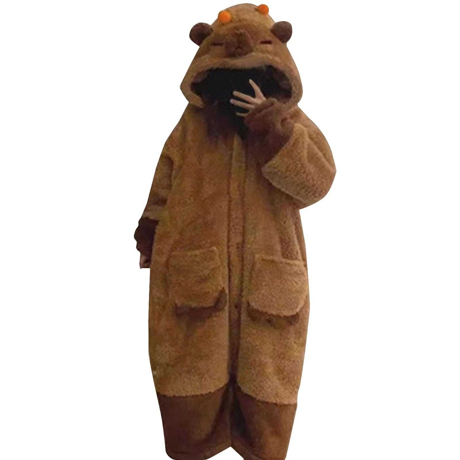 Whedai Unisex Capybara Costume Warm Flannel Cute Animal One-Piece Pajamas, Halloween Christmas Sleepwear Jumpsuit Pajamas Brown, Brown, XXL