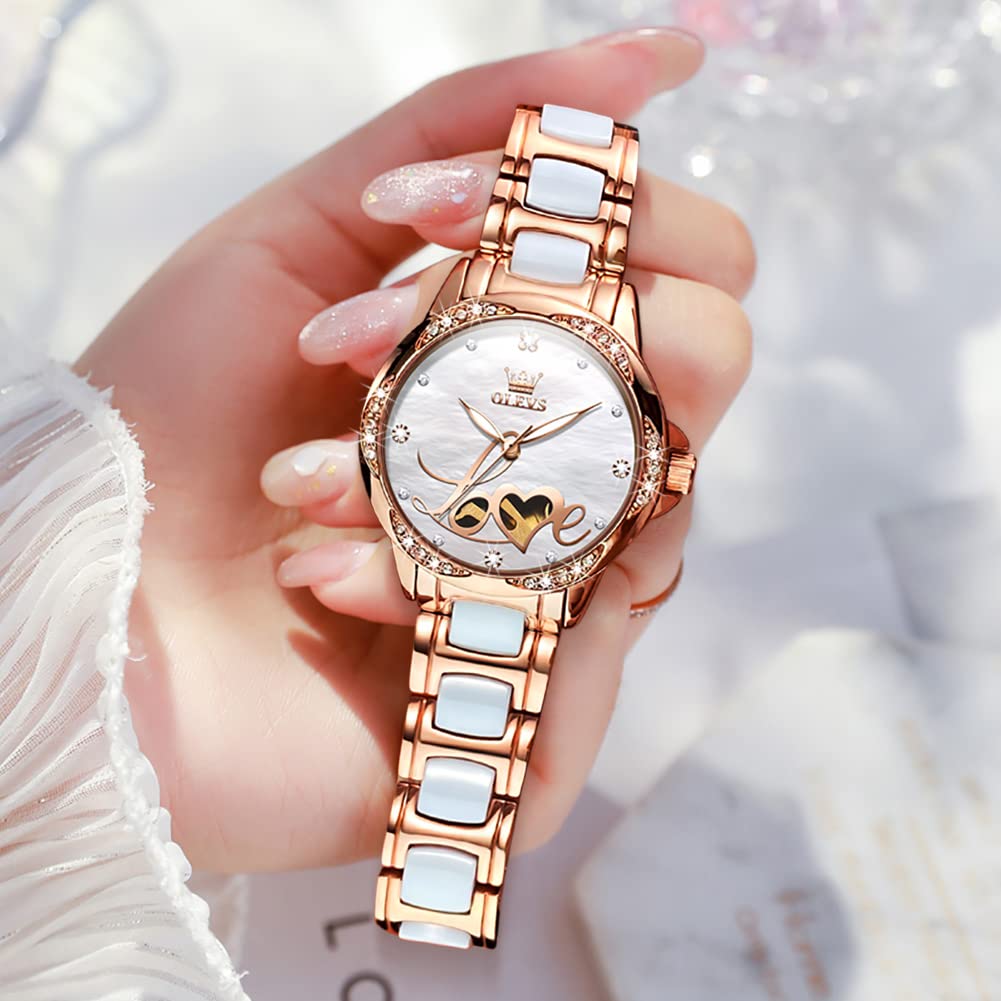OLEVS Relojes automáticos para mujer, oro rosa, vestido de diamantes de moda, reloj de pulsera mecánico de dos tonos, correa de cerámica impermeable luminosa, juego de regalo, Esfera de amor