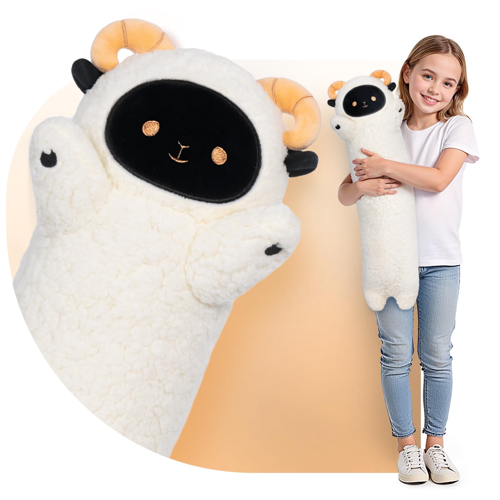 Long Sheep Plush Body Pillow – Cute Sheep Plushies Soft Stuffed Animal, Extra-Long Cuddle Pillow, Gift for Kids & Girls 20" (Small)