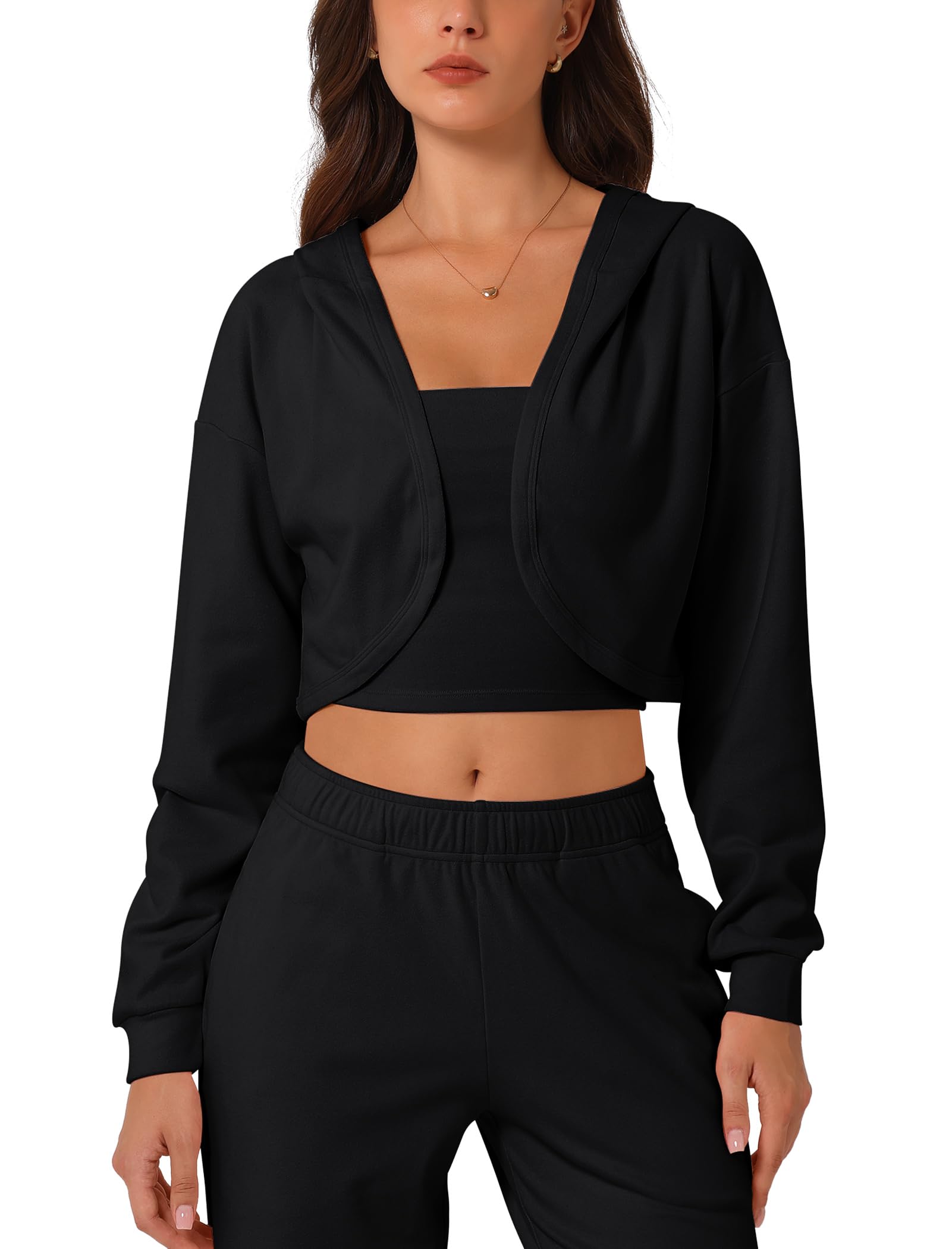 ABOCIW Womens Brushed Jersey Long Sleeve Hooded Cropped Shrug Open Front Bolero Cardigan Workout Sweatshirt