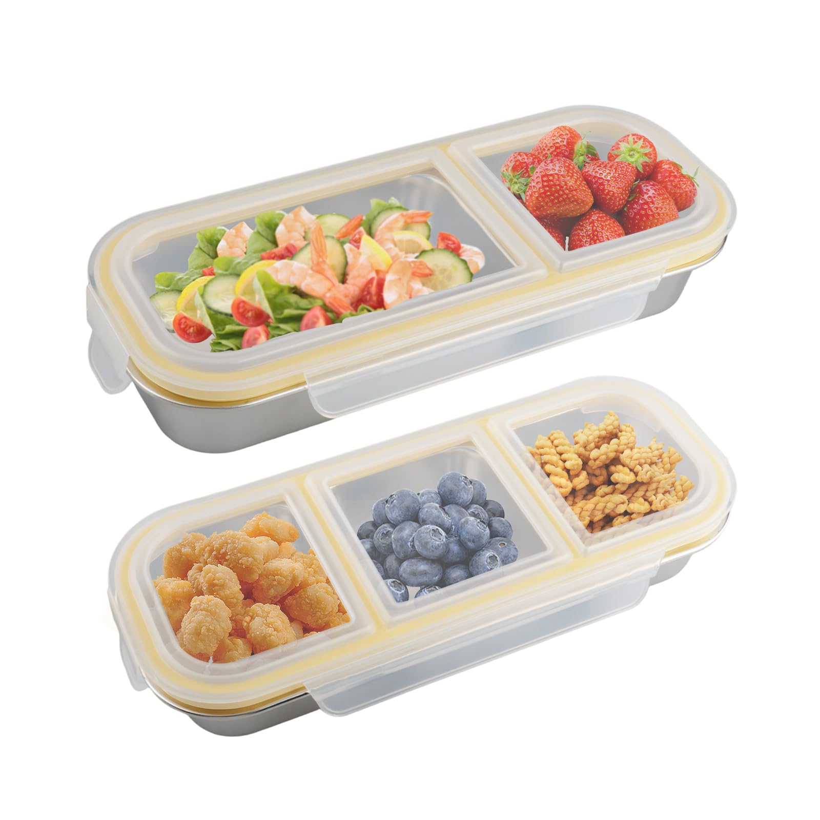 WakiHong 2 Pcs Snack Box with 3 Compartments and Stainless Steel Snack Box