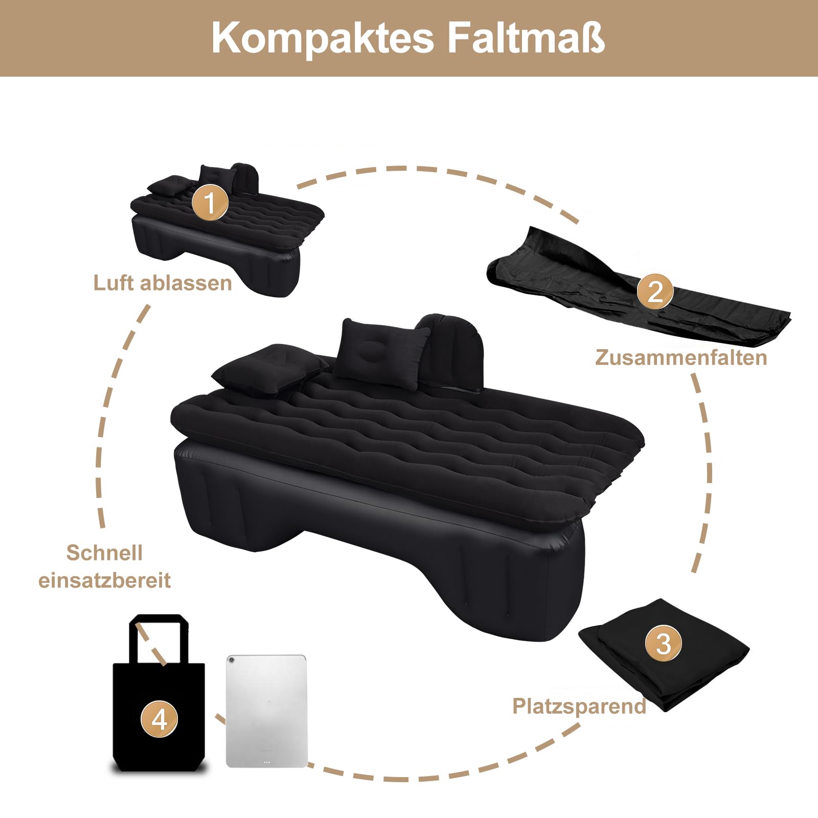 Auto Luftmatratze 128x70cm Aufblasbare Matratze für Rücksitz & Kofferraum, Tragbares Auto Reisebett inkl. 2 Kissen, Dickere Kofferraum-Matratze für Camping, Draußen und Reisen Schwarz (Schwarz)