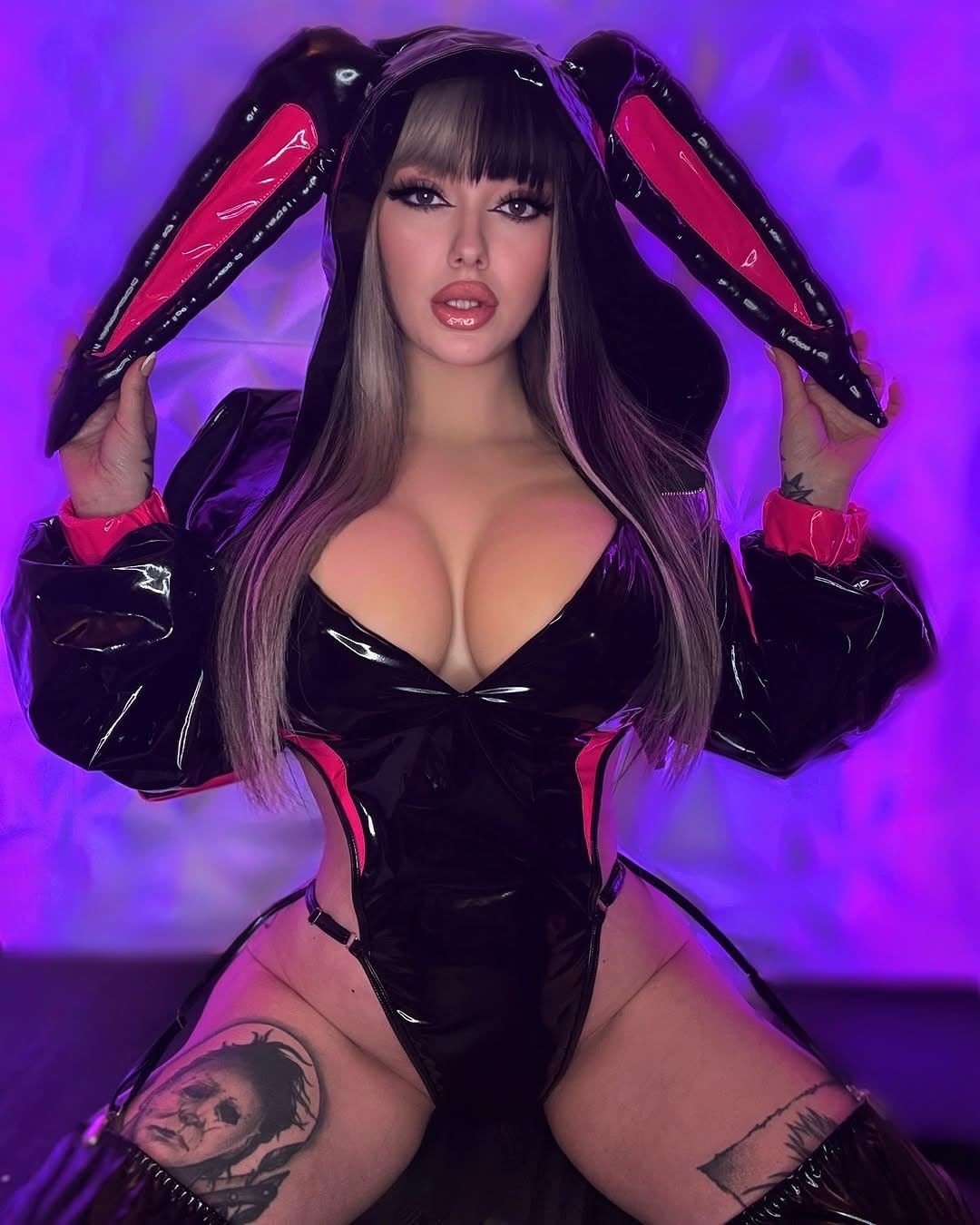 KORURACLUB Evil Bunny Costume (5-Piece Set) Black Premium PU Cosplay Lingerie for Women Bunny Lingerie Cosplay Lingerie: X-Large
