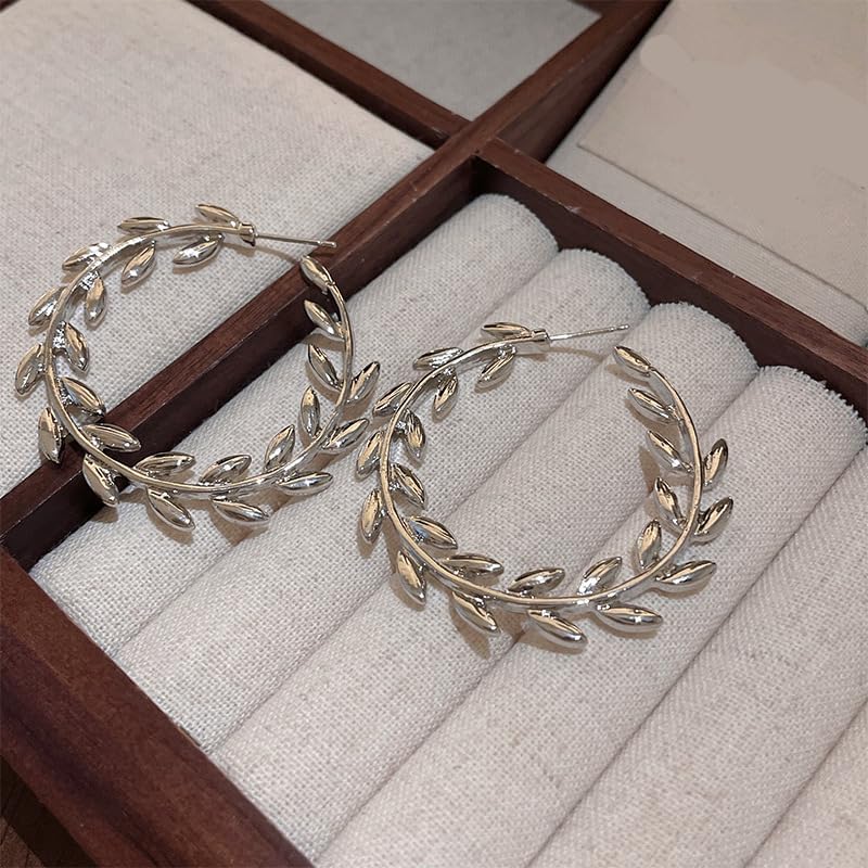 Dainty Leaf Large Open Circle Hoop Earrings for Women Sterling Silver Post Statement Polished C Shape Plant Leaves Dangle Huggie Fashion Trendy Big Hoops Drop Earring Lightweight Prom Jewelry Gifts - Image 3
