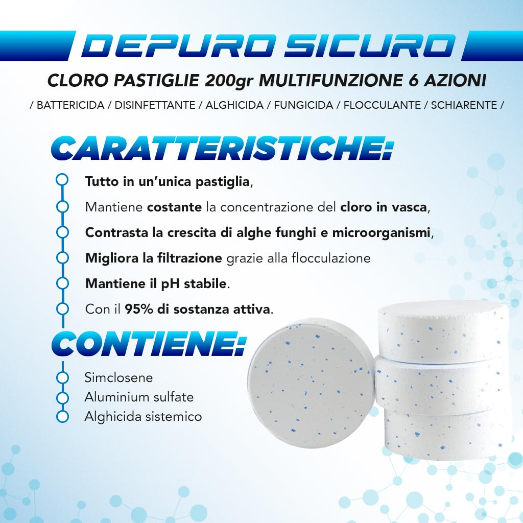 Depuro Sicuro kg 10 cloro Multifunzione 6 Azioni per Piscina Pastiglie da 200 gr