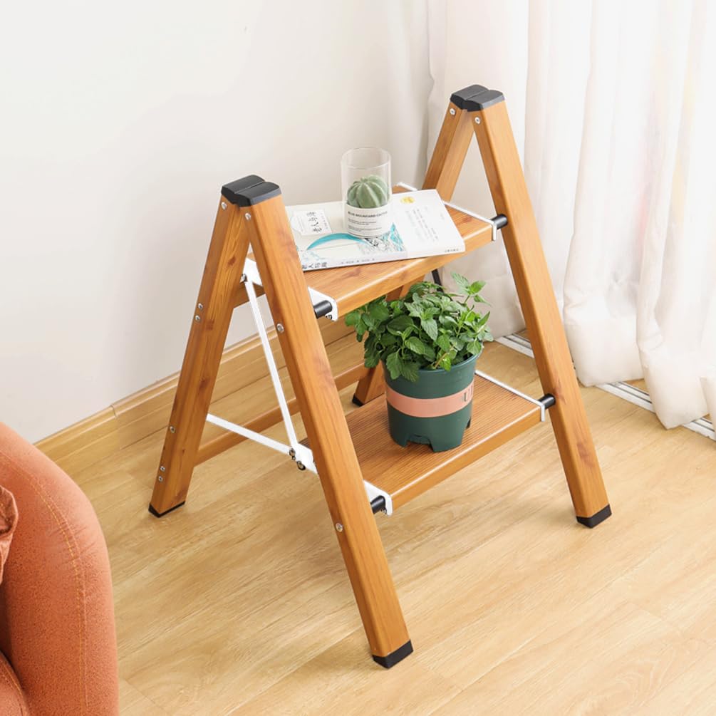 BAOYOUNI Escalera Plegable de 2 escalones, portátil, Ligera, de Aluminio, con Pedales Anchos Antideslizantes, Capacidad de 330 Libras para el hogar, Cocina, jardín, Oficina, Color Blanco + Grano de