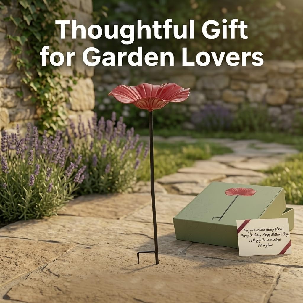 Handmade Metal Flower Garden Stake, Mini Bird Bath Resin Hummingbird Bath Cup - Bee Bath for Garden Metal Bee Water Feeder Weather-Resistant Garden Decor Gift (3, red)