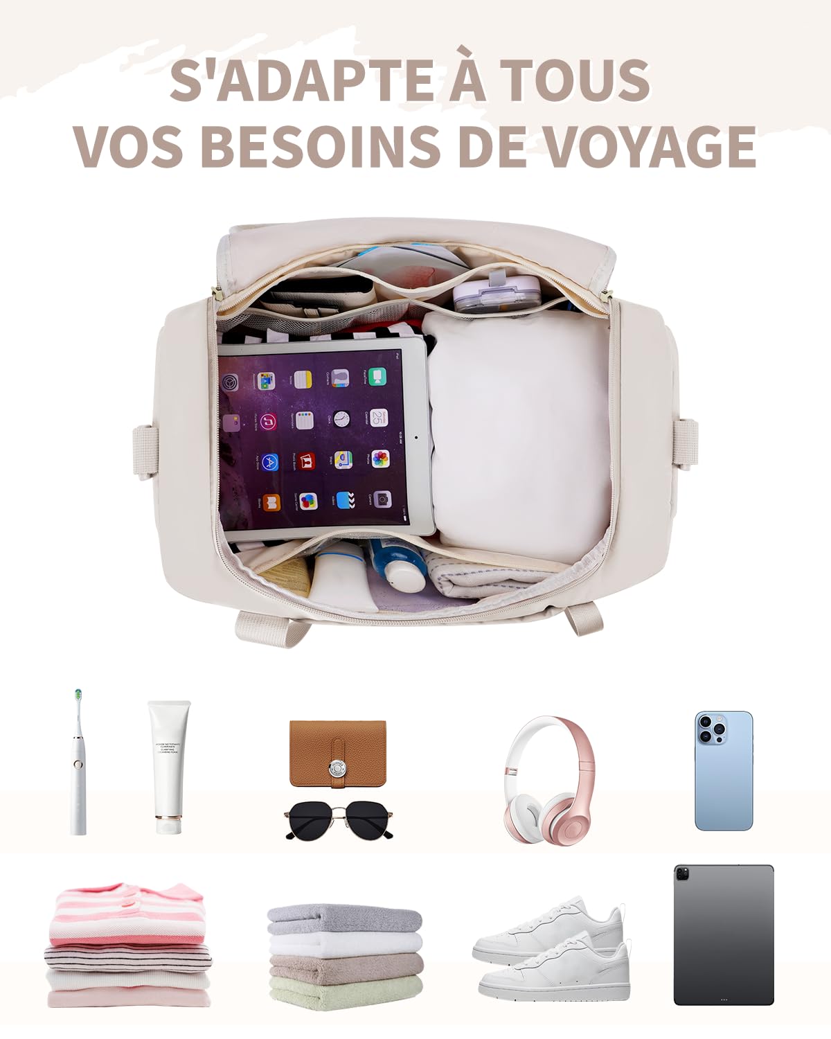 WANDF Sac de Voyage pour Femme - Bagage Cabine 45x36x20 cm pour Easyjet, Sac de Sport Weekender avec Compartiment à Chaussures & Poche Humide, Sac Duffle pour Femme et Homme (Beige)