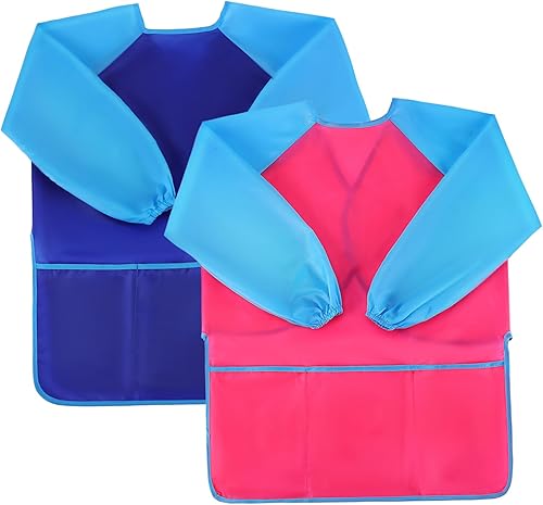 2Pcs Artist Apron Long Sleeve Painting Smock with Pocket for Ages Reusable Bib for Creative Mess Art Activities