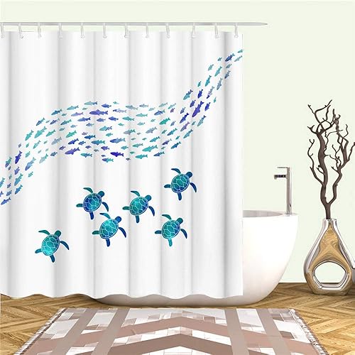 Miniatura 4 de RnnJoile Cortina de baño, cortina de ducha impermeable náutica con tela de animales marinos, 72 x 72 pulgadas, incluye ganchos, azul turquesa,