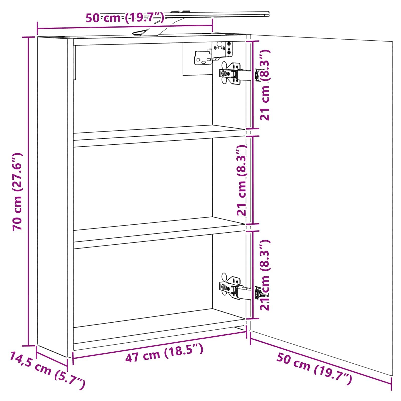 Szafka łazienkowa z lustrem Sonoma szara z materiału drewnopochodnego 50 x 14,5 x 70 cm z paskami LED, dwukierunkowe lustro, montaż na ścianie, 2 półki, drzwi, miejsce do przechowywania szafki