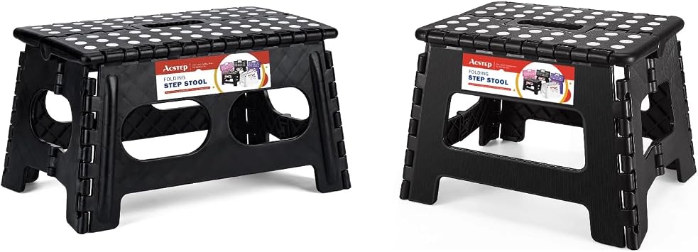 9 Inch Wide and 9 Inch Folding Step Stool 2-Piece Set, 300 LB Capacity Plastic Foldable Stools with Handle, Non-Slip Step Stool, Home Use Black & Black