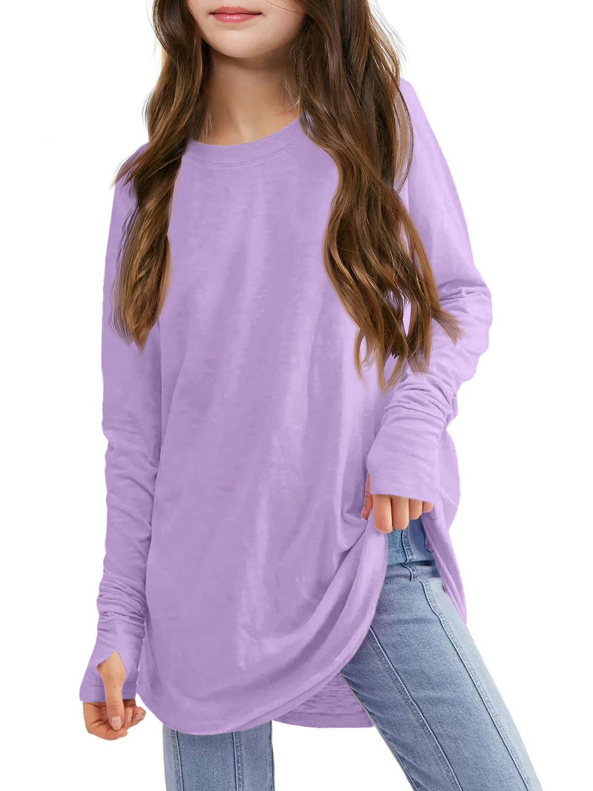 Haloumoning Mädchen Daumenlöcher Langarm T-Shirts Kinder Rundhalsausschnitt Saum Lose Tunika Tops Niedlich Langarmshirt