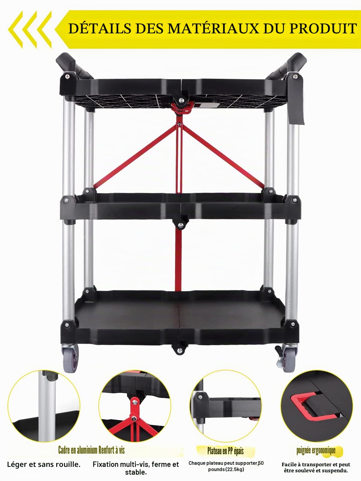 EBANKU Rolling Utility Cart, 3-Tier Service Carts with Wheels Folding Collapsible Service Cart Chariot de Service avec Roulettes pour Bureau, Entrepôt et Maison