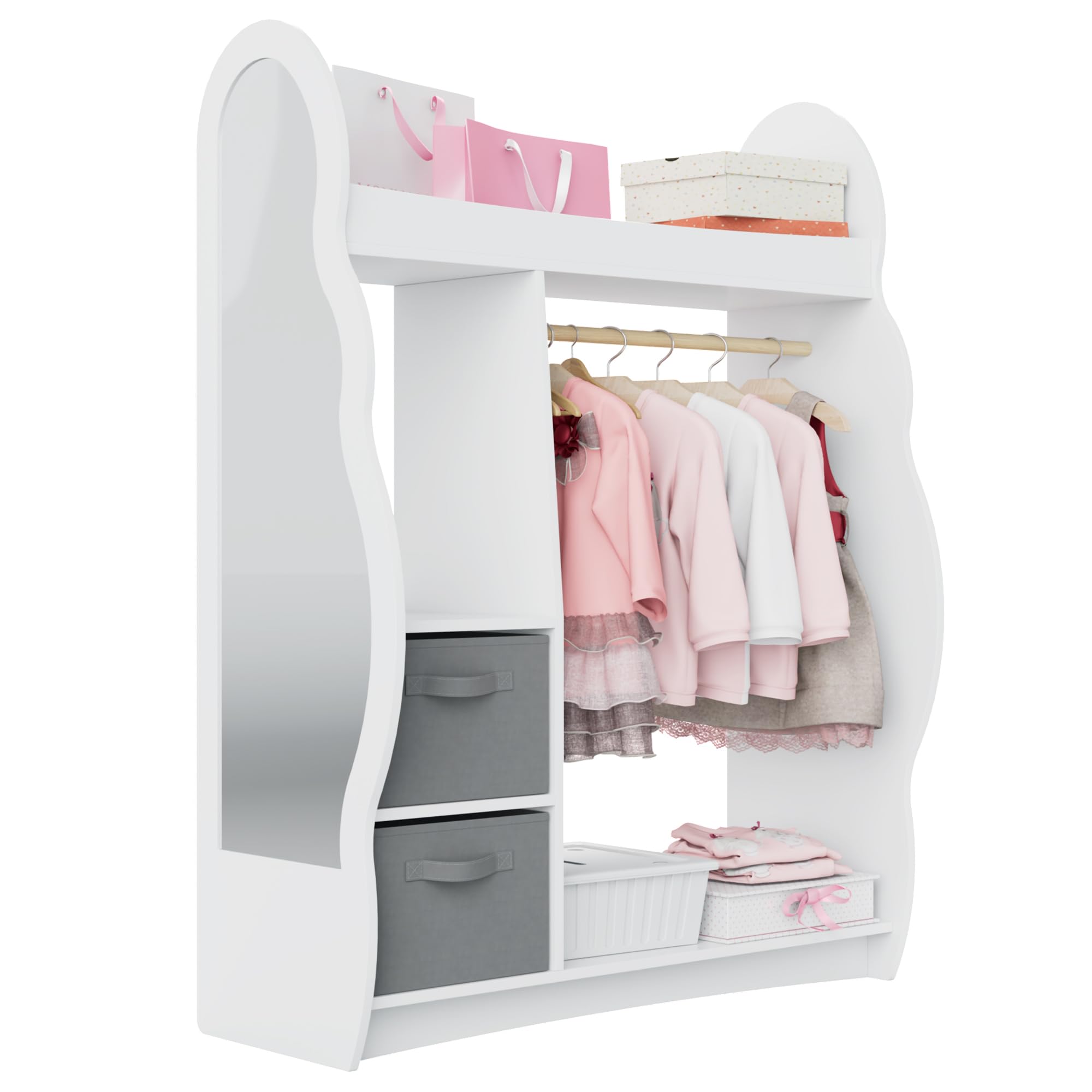 Hironpal Kids Wardrobe with Mirror Baby Wardrobe, Open Hanging Children Dress Up Storage with Storage Shelf for Bedroom Kids Clothes Rail (Cloud,2 Drawers,White)
