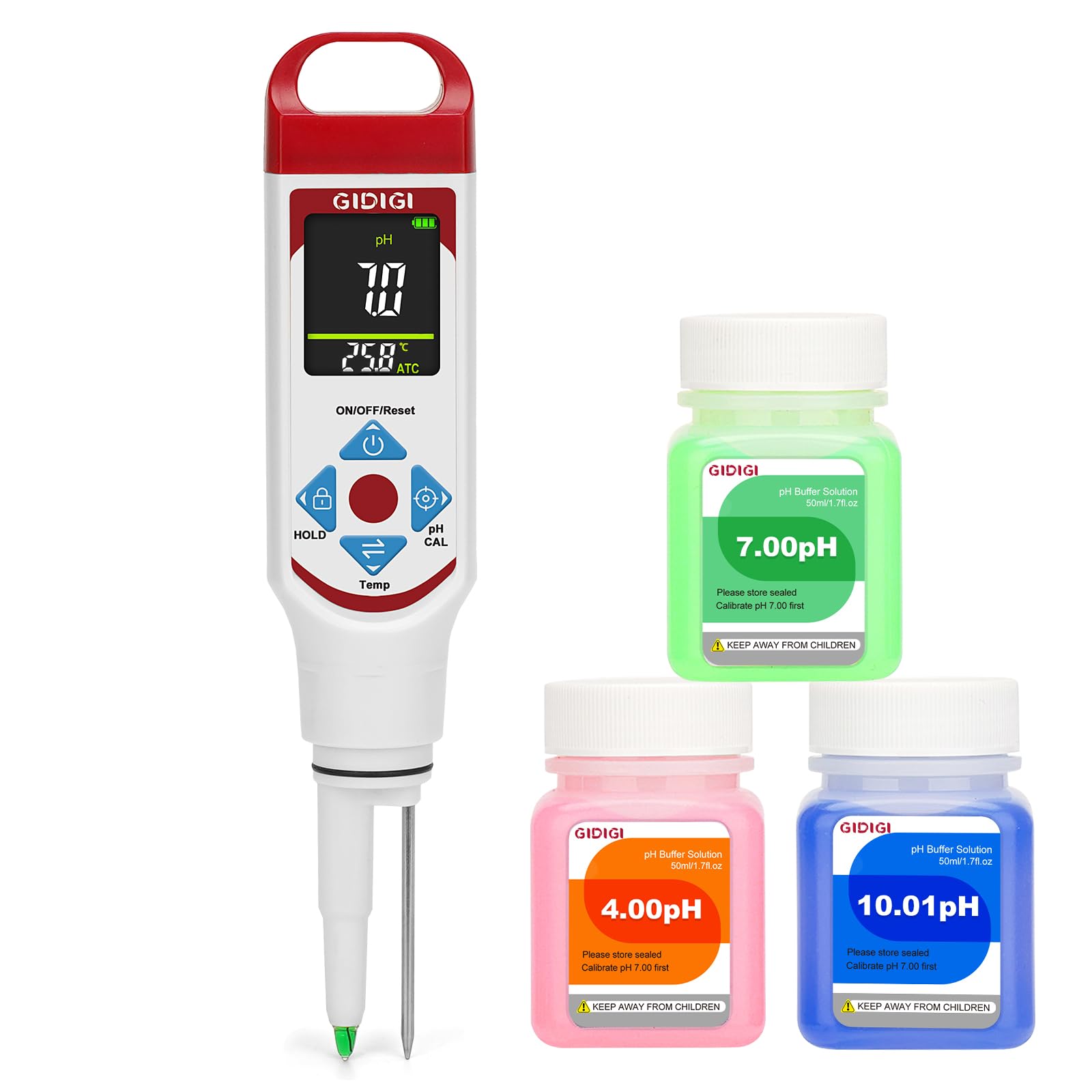 pH Messgerät für Lebensmittel zur Fermentation mit pH-Kalibrierungskits, Farbdisplay, Speerspitze, pH-Lebensmitteltester mit ATC für Kosmetika, Sauerteig, professionelle pH-Teststreifen