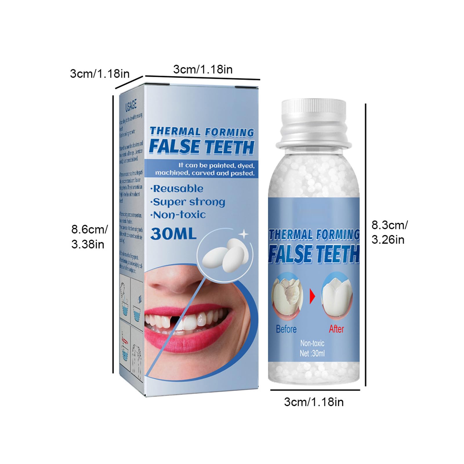 Thermal Forming Fake Teeth tymczasowa proteza zębowa z żywicy syntetycznej, 2 sztuki, zestaw protez do tymczasowej odbudowy brakujących i złamanych zębów