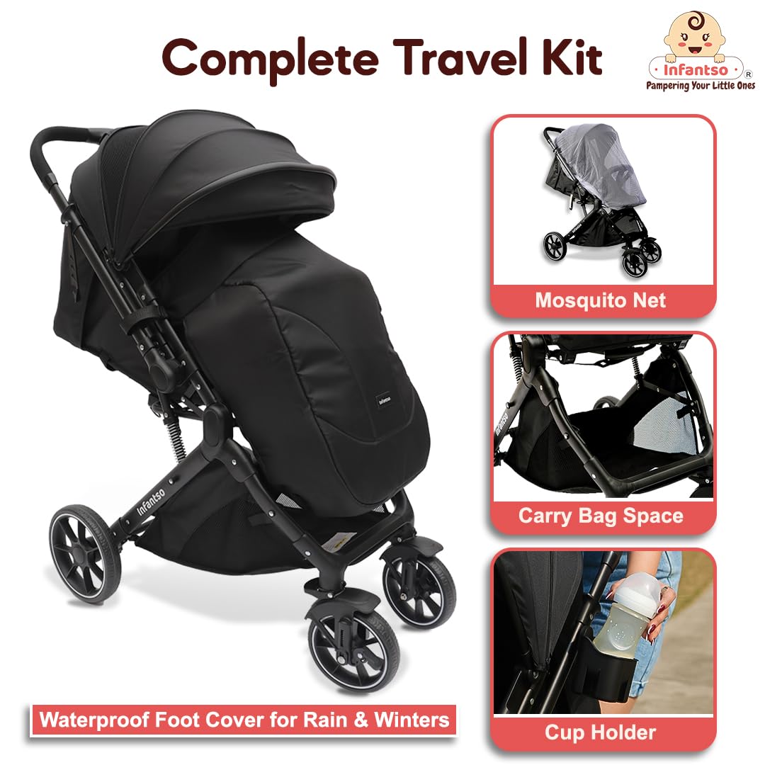 Infantso GlideX Premium Baby Stroller / Pram, Reversible Handle, One-Hand Fold and 360° Rotating Wheels,, Travel Friendly, 5 Points Safety Harness, Extendable Canopy, Multilevel Recline, Adjustable Footrest, Easy Fold, Shock Absorption Wheels, for babies 0 to 3 years ( Black ) - Image 8 thumbnail