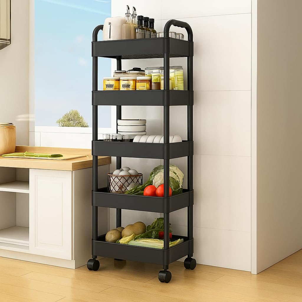 Deconation Desserte à roulettes Noire | Chariot De Cuisine Roulant 5 Niveaux | H 139 X L 41 X P 28,5 Cm | Etagère Toutes Pièces