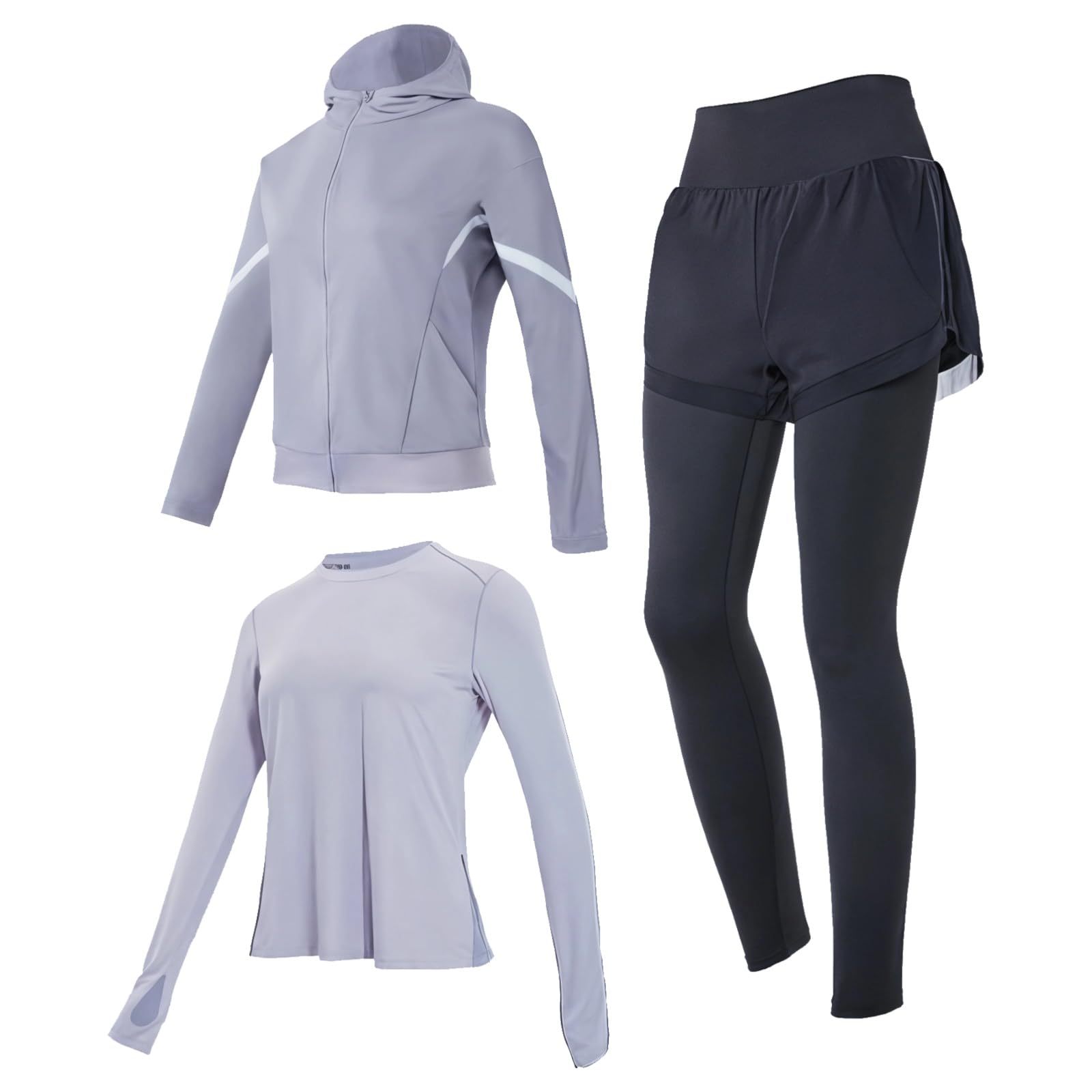 Conjunto de entrenamiento genérico de 3 piezas para mujer, conjunto de ropa de yoga, tela transpirable de poliéster y elastano, incluye chaqueta con capucha, pantalones cortos de cintura alta