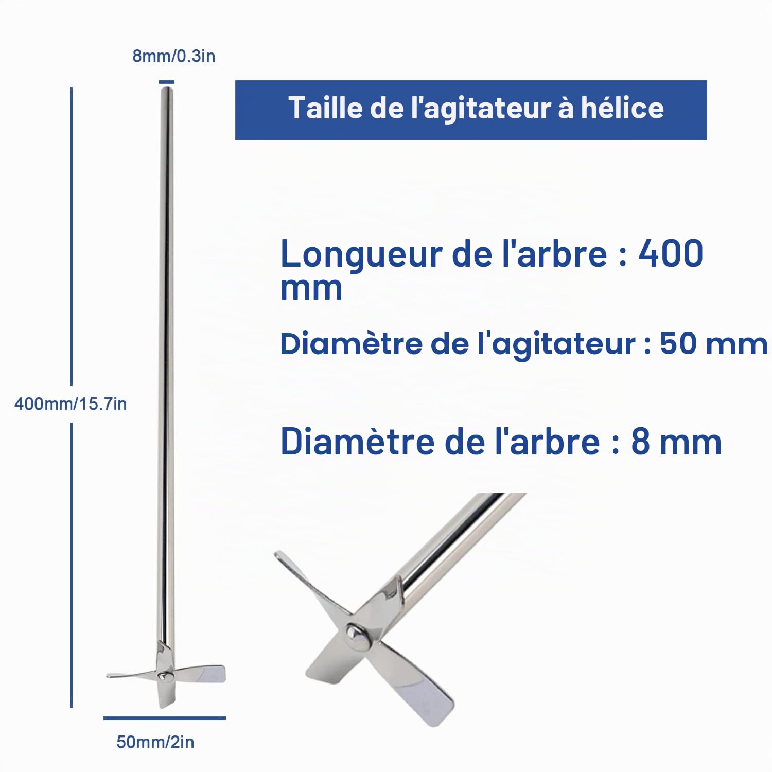 ONiLAB 18900071 Agitateur à hélice à 4 lames en acier inoxydable 316L, diamètre de l'agitateur 50 mm, diamètre de l'axe 8 mm, longueur de la tige 400 mm
