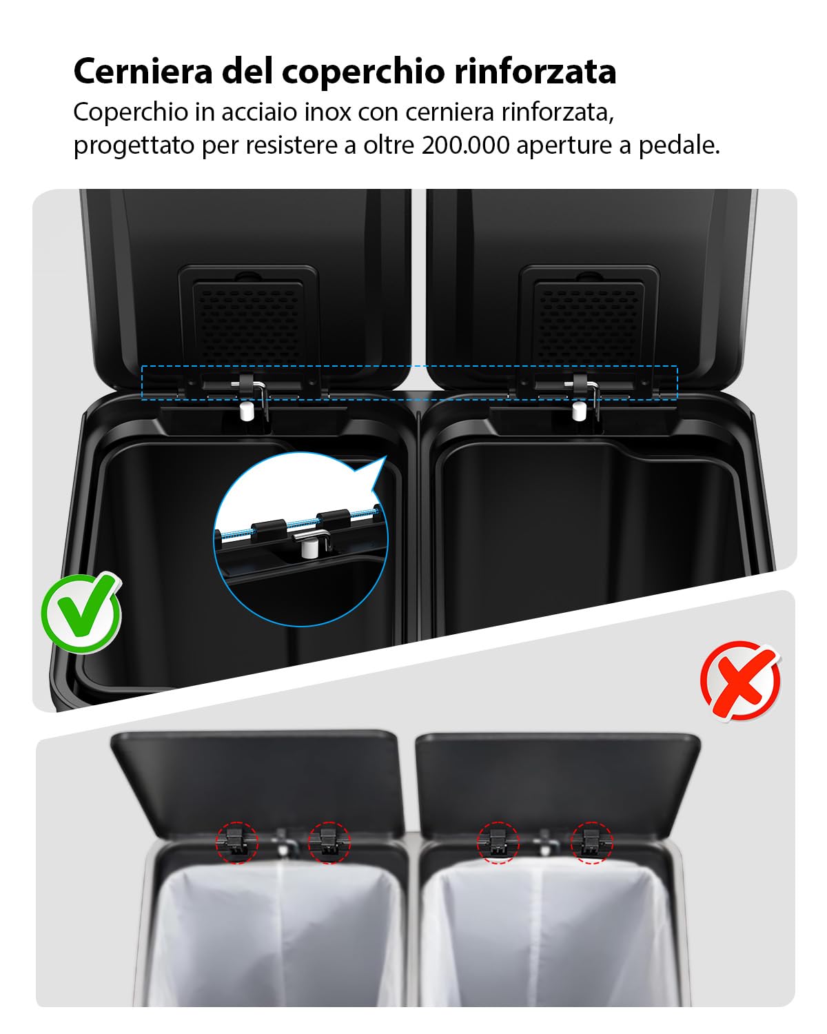 Pattumiera Cucina Pattumiera a 2 Scomparti con 2 X 30 L Secchi Interni, Cestino a Pedale In Acciaio,Chiusura Morbida e Resta Aperto, Chiusura Silenziosa Ammortizzata,Senza Mani per Casa Cucina Ufficio