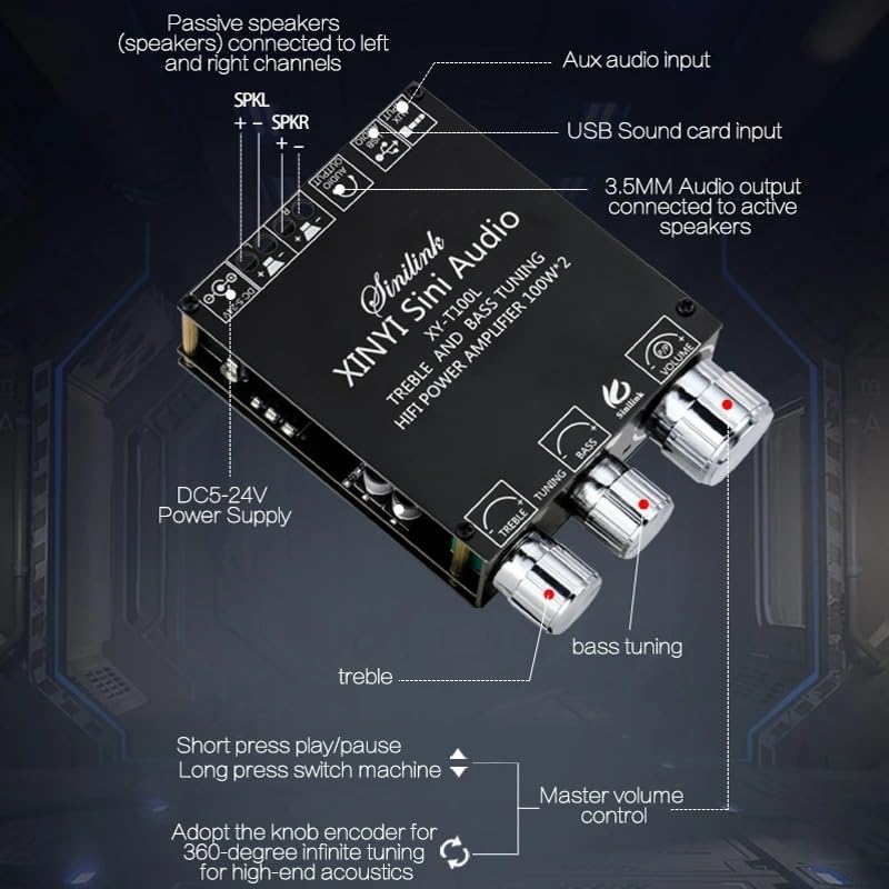 Image of Electrobot XY-T100L 100W+100W Bluetooth 5.0 Stereo Amplifier Board | AUX /USB /BT Input | Bass & Treble Control | DC 5-24V | Mobile App Control | HiFi Audio for DIY Home Audio Projects