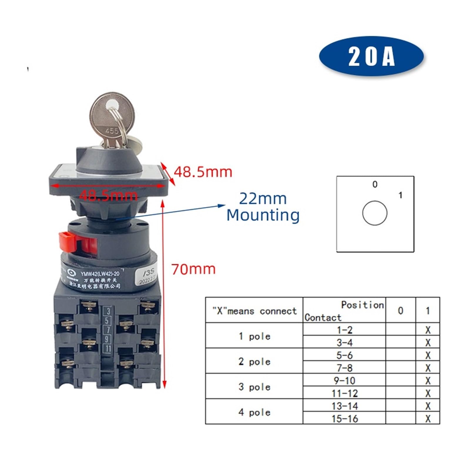 Interruptor Giratorio LW42-20YS3 con Llave, Perilla de Dos/Tres Posiciones, selector de Leva, 1-5 Polos, YMW42-20A(4Pole16Terminal-01)