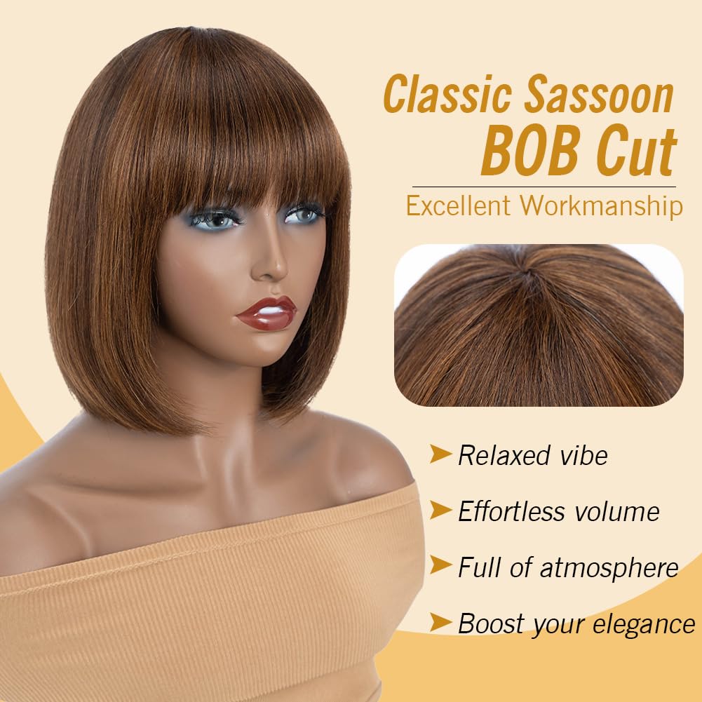 Peluca de pelo humano para mujer, pelo virgen brasileño, recto, corto, Bob Wig con Bangs Glueless Machine Made 150% Density (P4/30, 10 pulgadas)