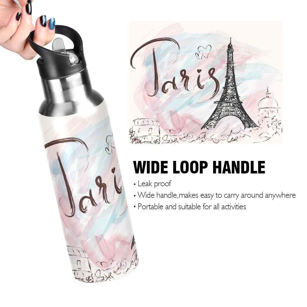 Edelstahl Wasserflasche mit Strohhalm, Paris Tower Isolierte Trinkflasche Sport Wasserflasche für Kinder Erwachsene, auslaufsicher, 1L