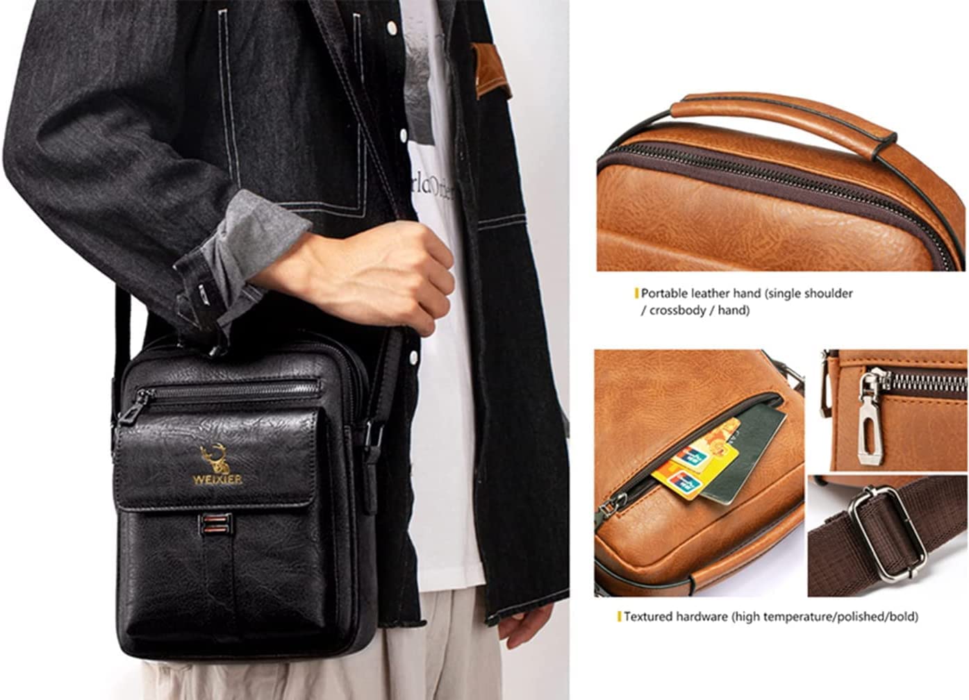 Sacoche Bandoulière Cuir Sacoche Homme Sacs à Bandoulière Vintage Shoulder Bag Business Cartable Besace pour Portable pour Voyage,Randonnée et Travailler(Cuir-Noir)