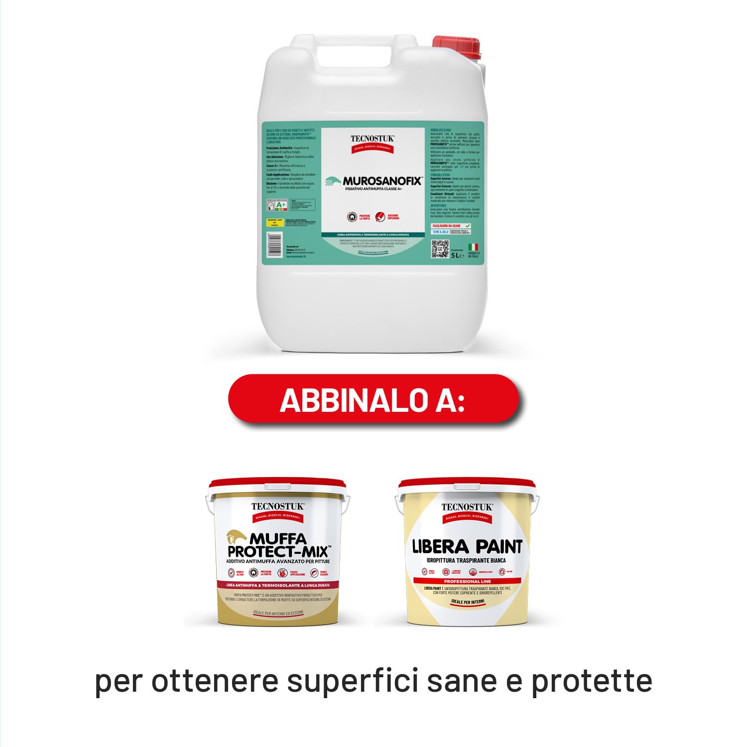 TECNOSTUK MuroSano Fix – Fissativo Acrilico Protettivo e Antimuffa per Interni ed Esterni – Alta Adesione, Facile Applicazione e Risultato Professionale (5 Litri)