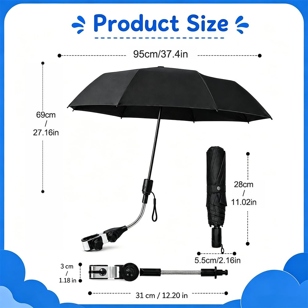 Ombrelle Poussette Universelle, Parasol Poussette Protection UV 50+, Diamètre 95cm, pour Tubes Ronds et Ovales, Noir