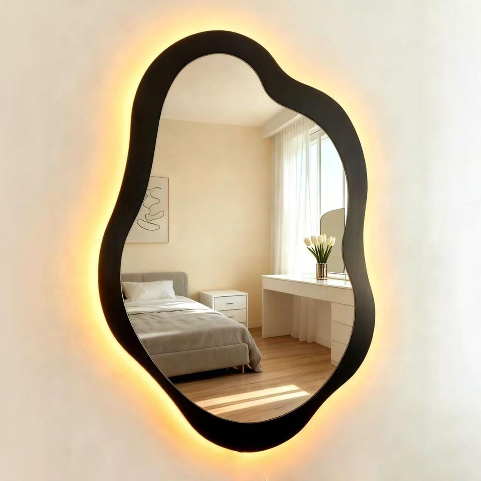 SXFSDOU LED Bathroom Mirror, Dimmable Illuminated Vanity Makeup Wall-Mounted Decorative Lighting for