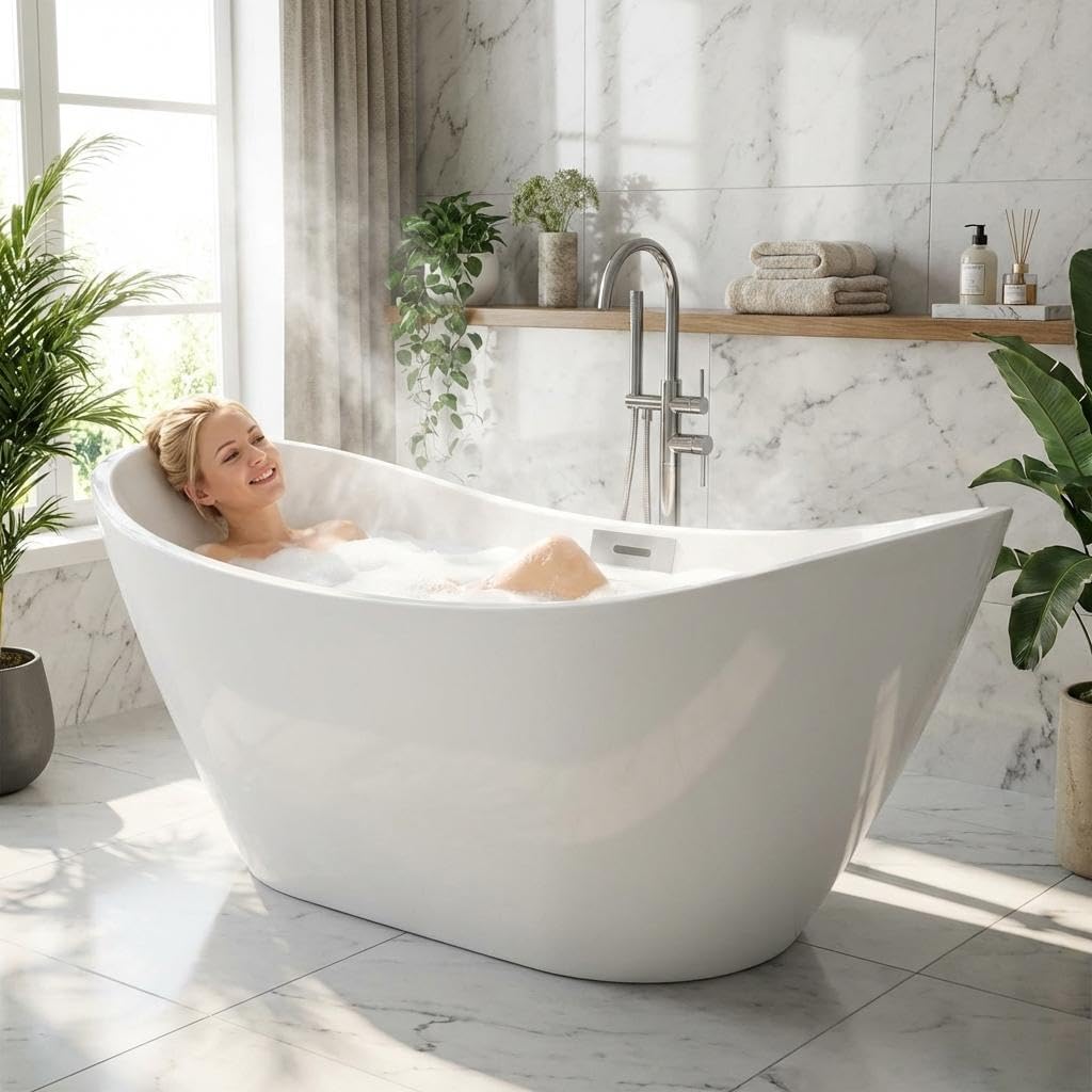 67" Acrylic Freestanding Bathtub, Modern Deep Soaking Tub, cUPC Certified Free Standing Tub, Chrome Drain/Overflow, White Acrylic, Sky White - Image 2