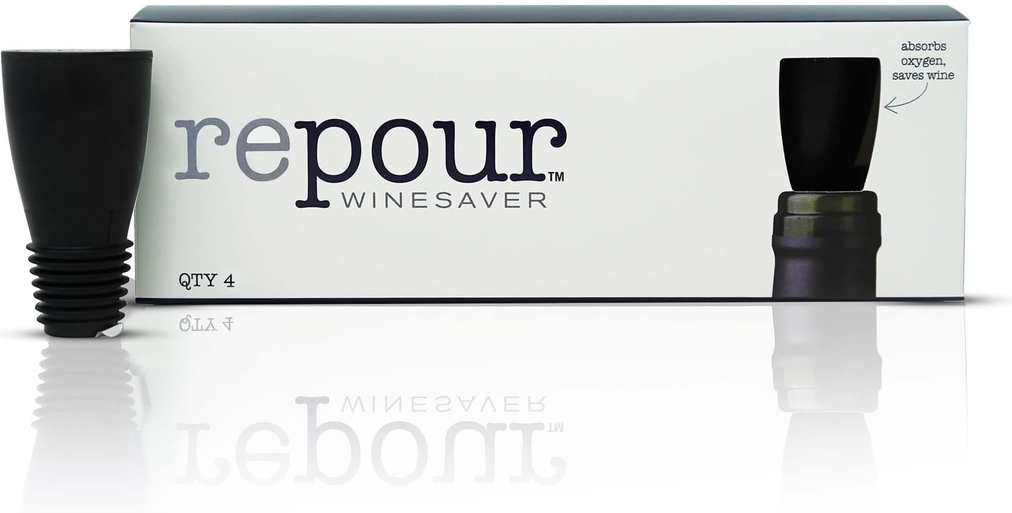 Repour Wine Saver and Stopper - Removes Oxygen, Preserving and Keeping Wine As Fresh As The Day The Bottle Was Opened - 4-Pack - Black