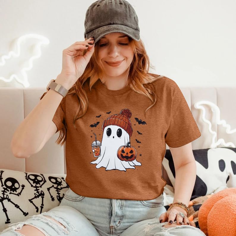 Halloween Shirts for Women Cute Ghost Shirt Fall Pumpkin Tshirt Coffee Lover Graphic Tees Casual Short Sleeve Tops - Image 2