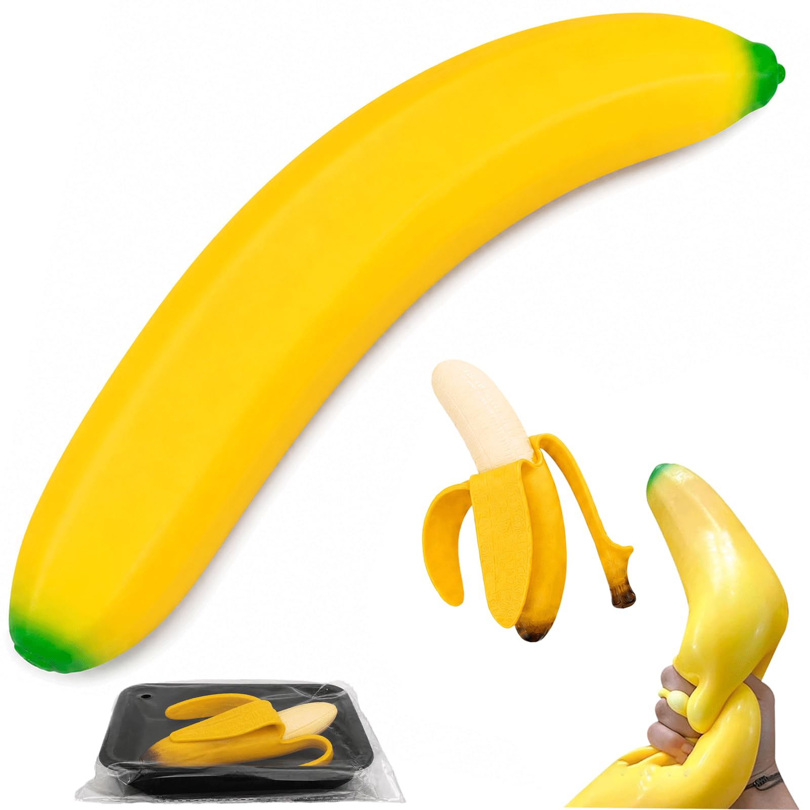2Pcs Giant Banana Squishy Jumbo Size, Soft Squeeze Fidget Set with Big & Real Bananas, Fake Fruit Squishies for Stress Relief, Cute Novelty Gift for Adults Office Home Decor