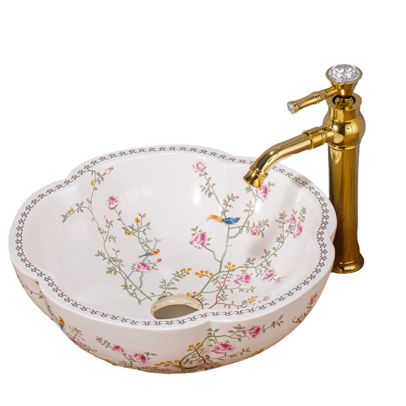 1 Juego completo de lavabo artístico de cerámica blanca con grifo dorado y desagüe; lavabos de porcelana para el cuarto de baño