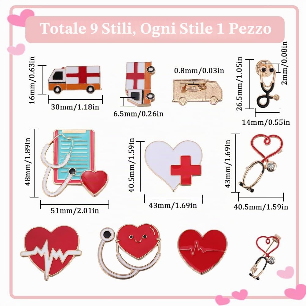SUNNYCLUE 1 scatola 9 pezzi Spille Mediche Smaltate Spilla Da Infermiera Set Lega Stetoscopio Cuore Carino Temi Infermiera Spilla Distintivi Spilla di Sicurezza Spille Accessori Sfusi per Donna Uomo Z