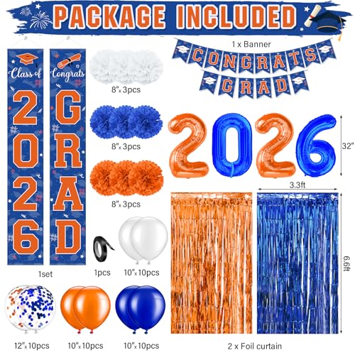 Image of Graduation Party Decorations Class of 2026, Graduation Decorations with Congrats Grad Banner Fringe Foil Curtain Paper Flower Ball Balloons for High School College Grad Party Supplies, Blue Orange