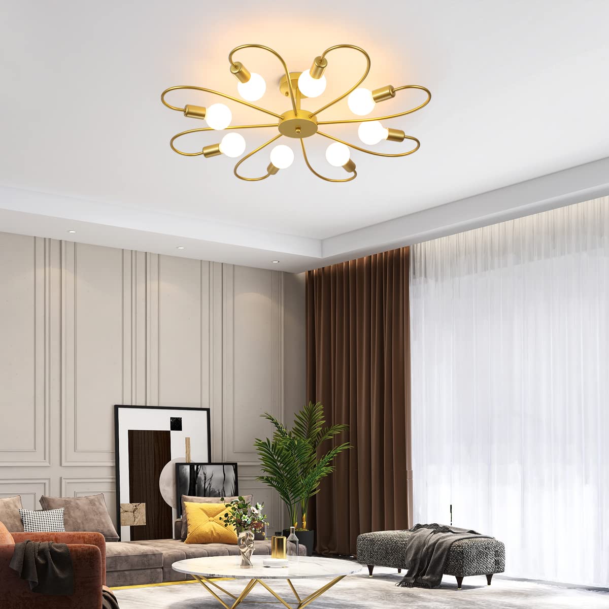Qcyuui moderna lampada da soffitto a 8 luci lampada da soffitto industriale Sputnik, lampadari dorati a montaggio semi-incasso E27 illuminazione per soggiorno in fattoria(lampadina non inclusa)