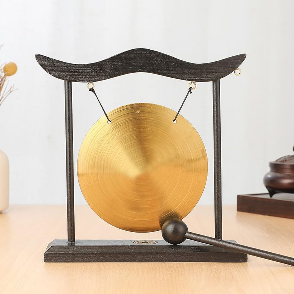 Tisch-Gong-Sets, chinesischer Desktop-Gong, Messing-Percussion, Mini-Tisch-Gongs, Feng Shui, Heimdekoration mit Holzsockelrahmen für Heimdekoration, Büro, dekoratives Ornament